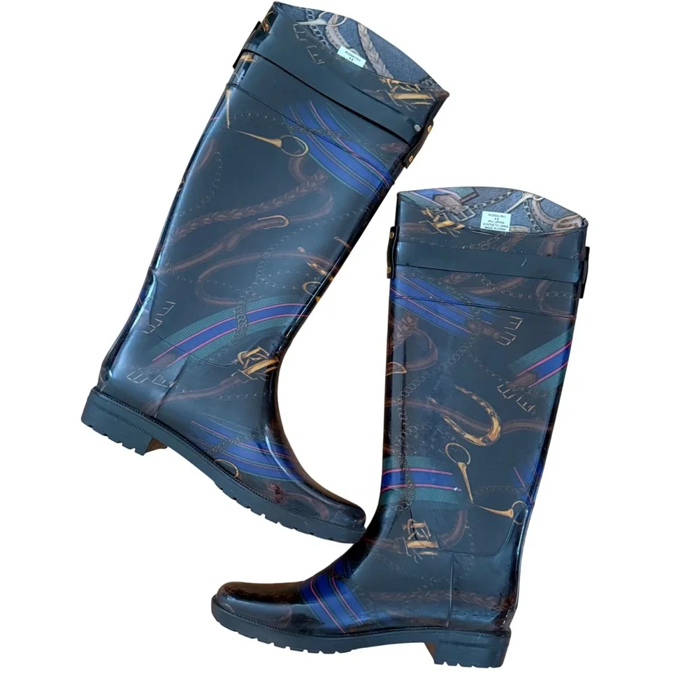 Lauren Ralph Lauren Rossalyn II Equestrian Print Rain Boots Black Multi Size 8